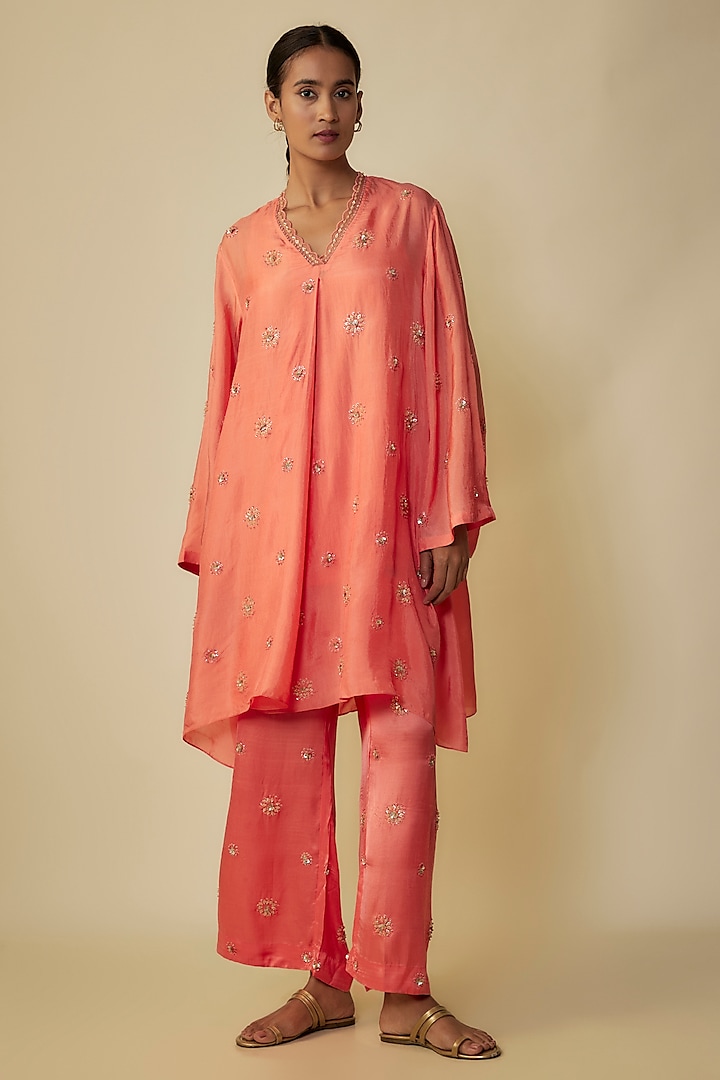 Peach Viscose Silk Hand Embroidered Kurta Set by One not two at Pernia's Pop Up Shop