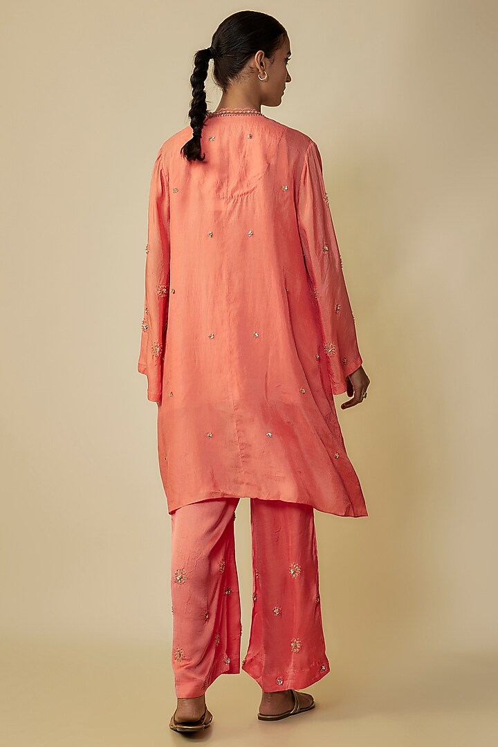 Peach Viscose Silk Hand Embroidered Kurta Set by One not two at Pernia's Pop Up Shop