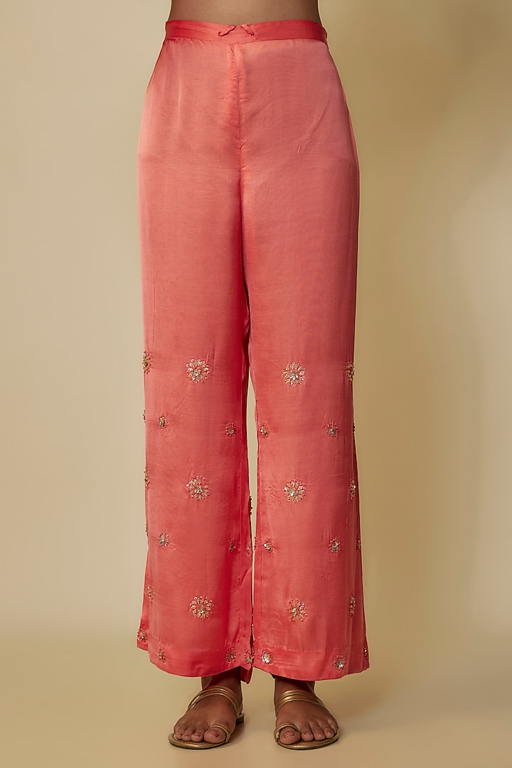 Peach Viscose Silk Hand Embroidered Kurta Set by One not two at Pernia's Pop Up Shop