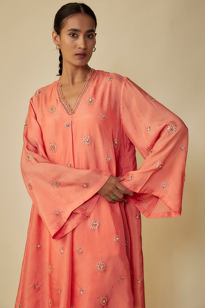 Peach Viscose Silk Hand Embroidered Kurta Set by One not two at Pernia's Pop Up Shop