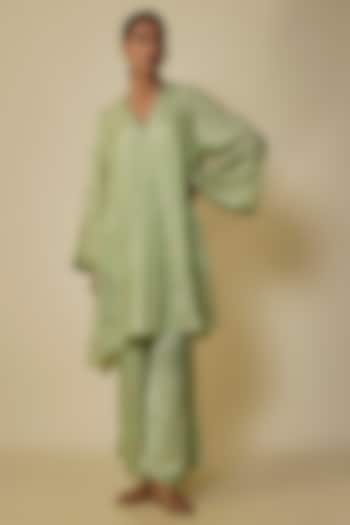 Mist Green Viscose Silk Hand Embroidered Kurta Set by One not two at Pernia's Pop Up Shop