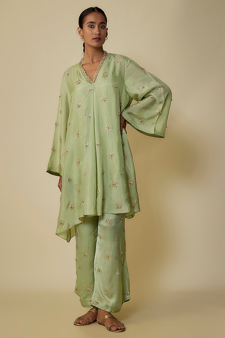 Mist Green Viscose Silk Hand Embroidered Kurta Set by One not two at Pernia's Pop Up Shop