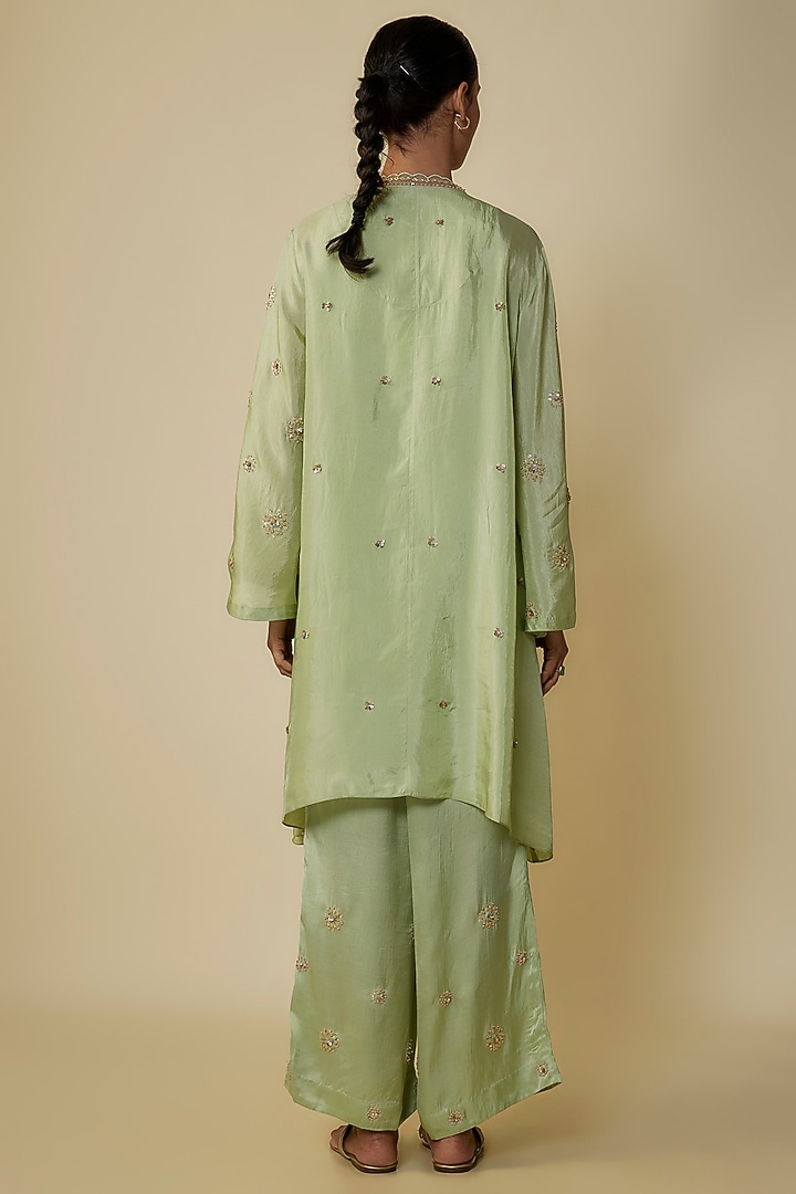 Mist Green Viscose Silk Hand Embroidered Kurta Set by One not two at Pernia's Pop Up Shop
