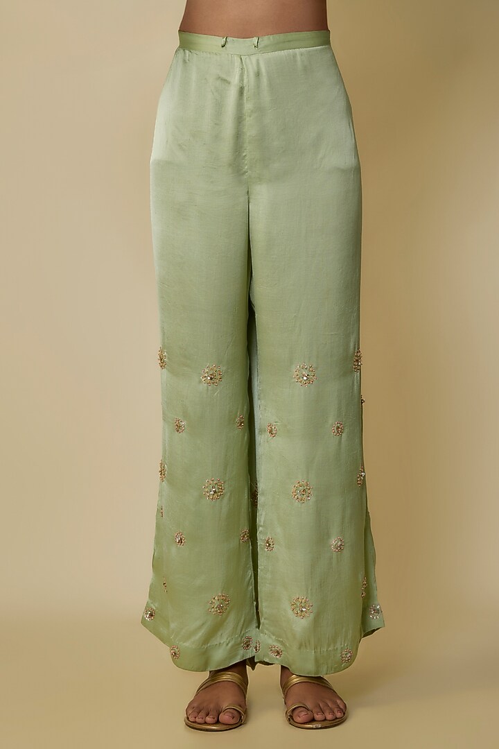 Mist Green Viscose Silk Hand Embroidered Kurta Set by One not two at Pernia's Pop Up Shop