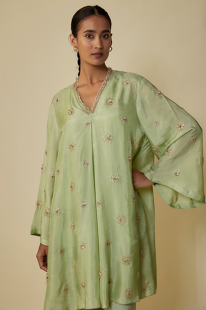 Mist Green Viscose Silk Hand Embroidered Kurta Set by One not two at Pernia's Pop Up Shop