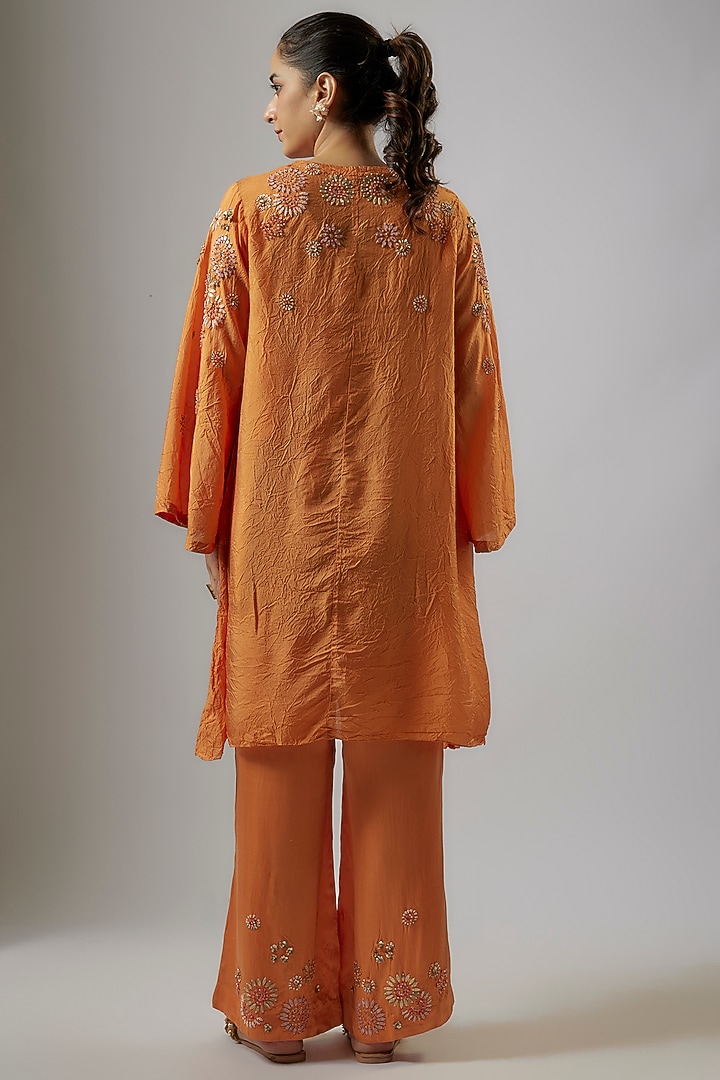 Apricot Colored Crushed Silk Hand Embroidered Kurta Set by One not two at Pernia's Pop Up Shop