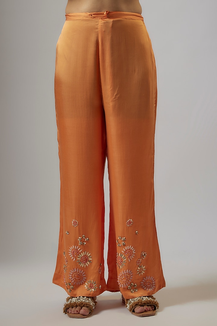 Apricot Colored Crushed Silk Hand Embroidered Kurta Set by One not two at Pernia's Pop Up Shop