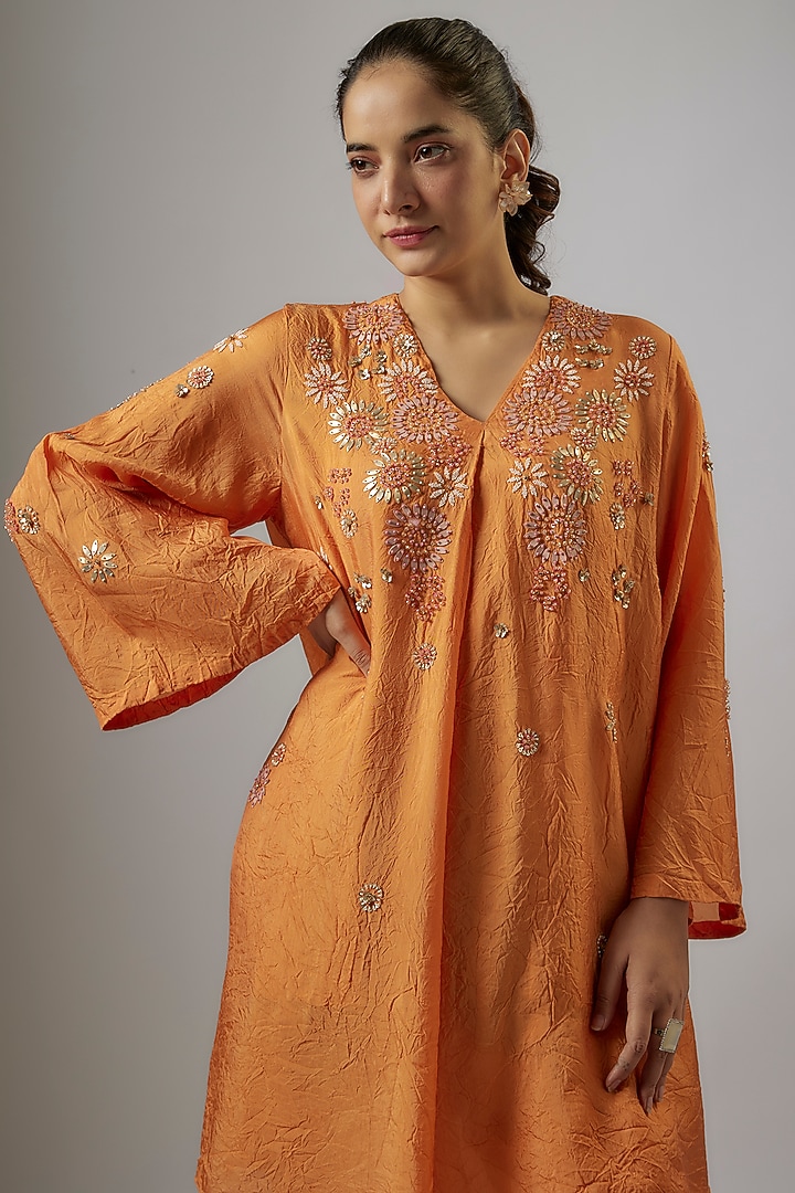 Apricot Colored Crushed Silk Hand Embroidered Kurta Set by One not two at Pernia's Pop Up Shop