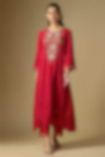 Ruby Red Silk Sequins Floral Embroidered Kurta Set by One not two at Pernia's Pop Up Shop