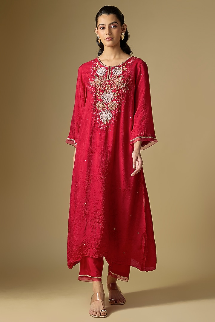 Ruby Red Silk Sequins Floral Embroidered Kurta Set by One not two at Pernia's Pop Up Shop