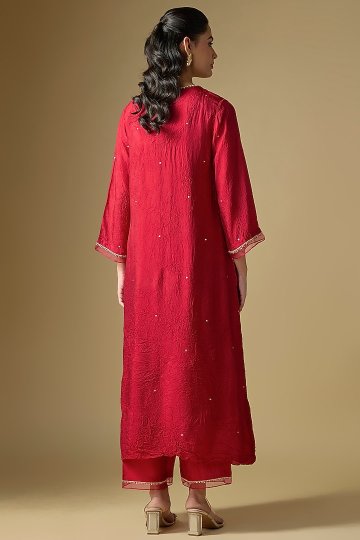 Ruby Red Silk Sequins Floral Embroidered Kurta Set by One not two at Pernia's Pop Up Shop