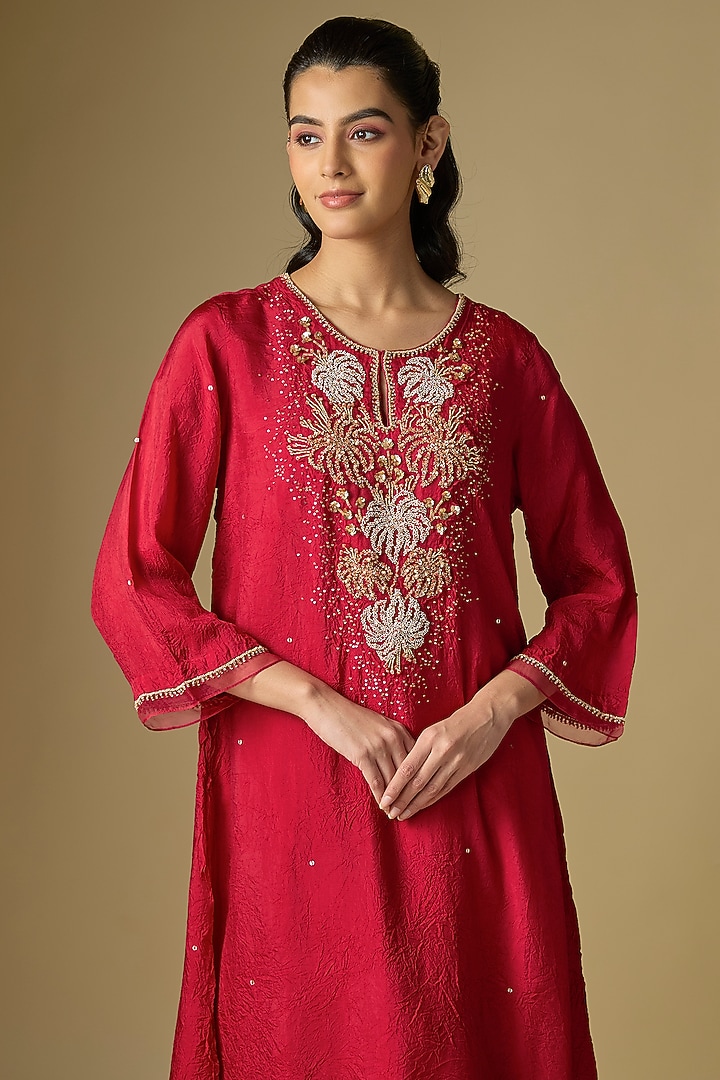 Ruby Red Silk Sequins Floral Embroidered Kurta Set by One not two at Pernia's Pop Up Shop