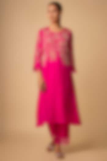 Hot Pink Silk Beads Embroidered Kurta Set by One not two at Pernia's Pop Up Shop