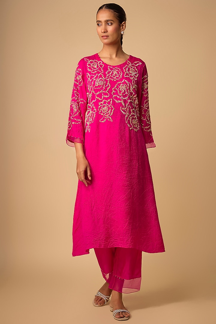 Hot Pink Silk Beads Embroidered Kurta Set by One not two at Pernia's Pop Up Shop