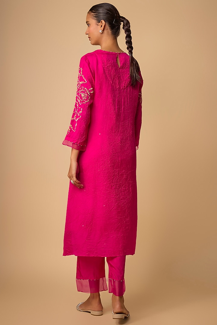 Hot Pink Silk Beads Embroidered Kurta Set by One not two at Pernia's Pop Up Shop