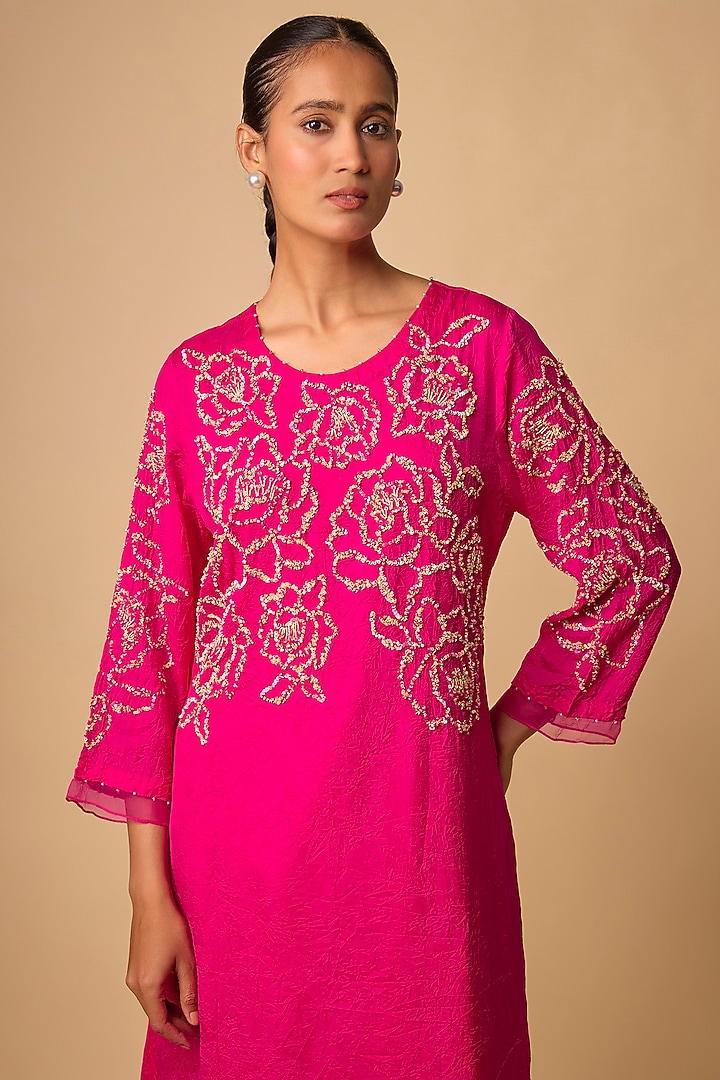 Hot Pink Silk Beads Embroidered Kurta Set by One not two at Pernia's Pop Up Shop