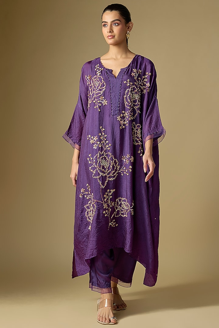 Violet Silk Sequins Floral Embroidered Kaftan Set by One not two at Pernia's Pop Up Shop