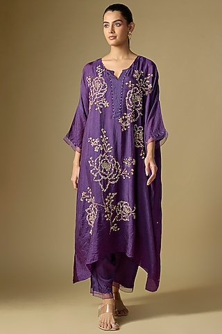 Violet Silk Sequins Floral Embroidered Kaftan Set by One not two