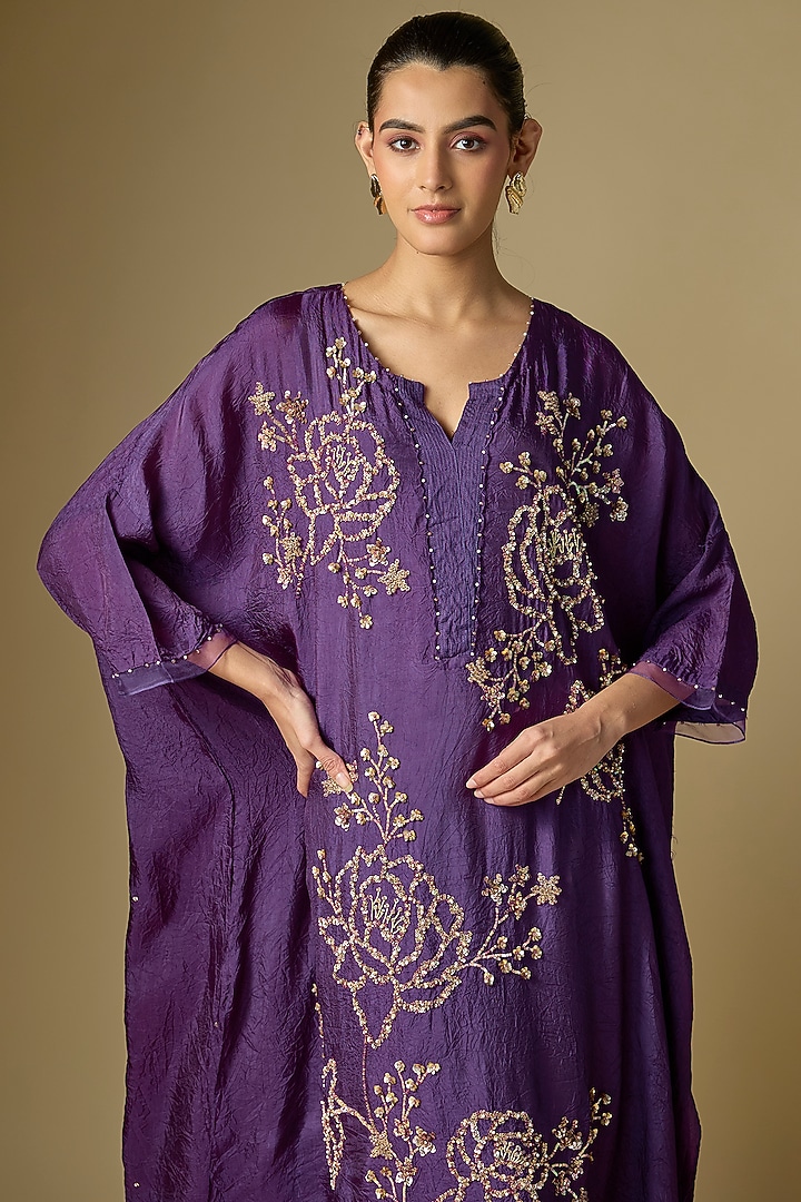 Violet Silk Sequins Floral Embroidered Kaftan Set by One not two at Pernia's Pop Up Shop