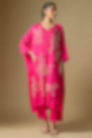 Hot Pink Silk Sequins Floral Embroidered Kaftan Set by One not two at Pernia's Pop Up Shop
