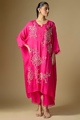 Hot Pink Silk Sequins Floral Embroidered Kaftan Set by One not two