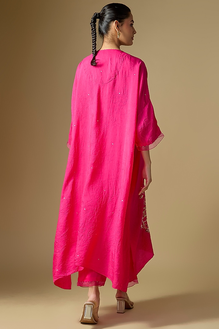 Hot Pink Silk Sequins Floral Embroidered Kaftan Set by One not two at Pernia's Pop Up Shop