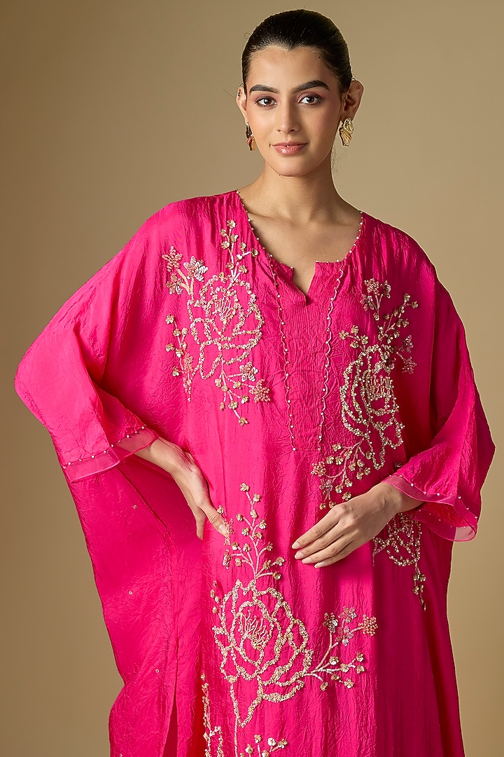 Hot Pink Silk Sequins Floral Embroidered Kaftan Set by One not two at Pernia's Pop Up Shop