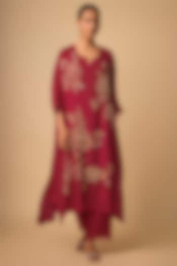 Ruby Red Silk Beads Embroidered Kaftan Set by One not two at Pernia's Pop Up Shop
