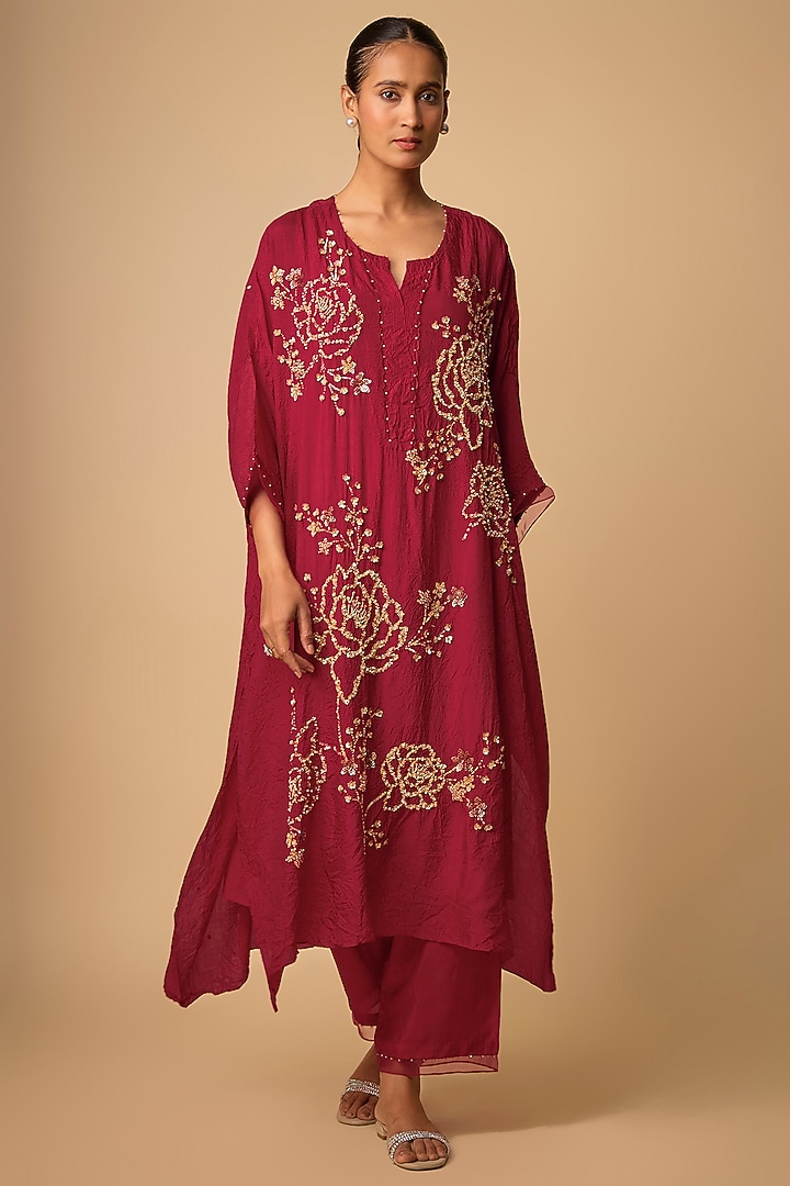 Ruby Red Silk Beads Embroidered Kaftan Set by One not two at Pernia's Pop Up Shop