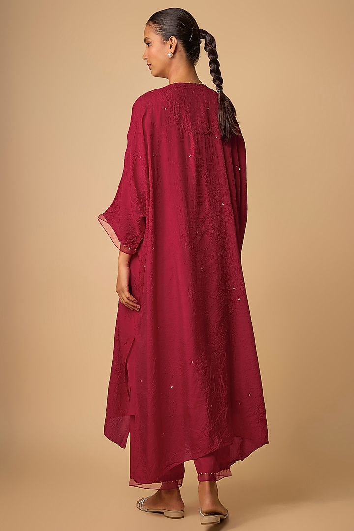 Ruby Red Silk Beads Embroidered Kaftan Set by One not two at Pernia's Pop Up Shop
