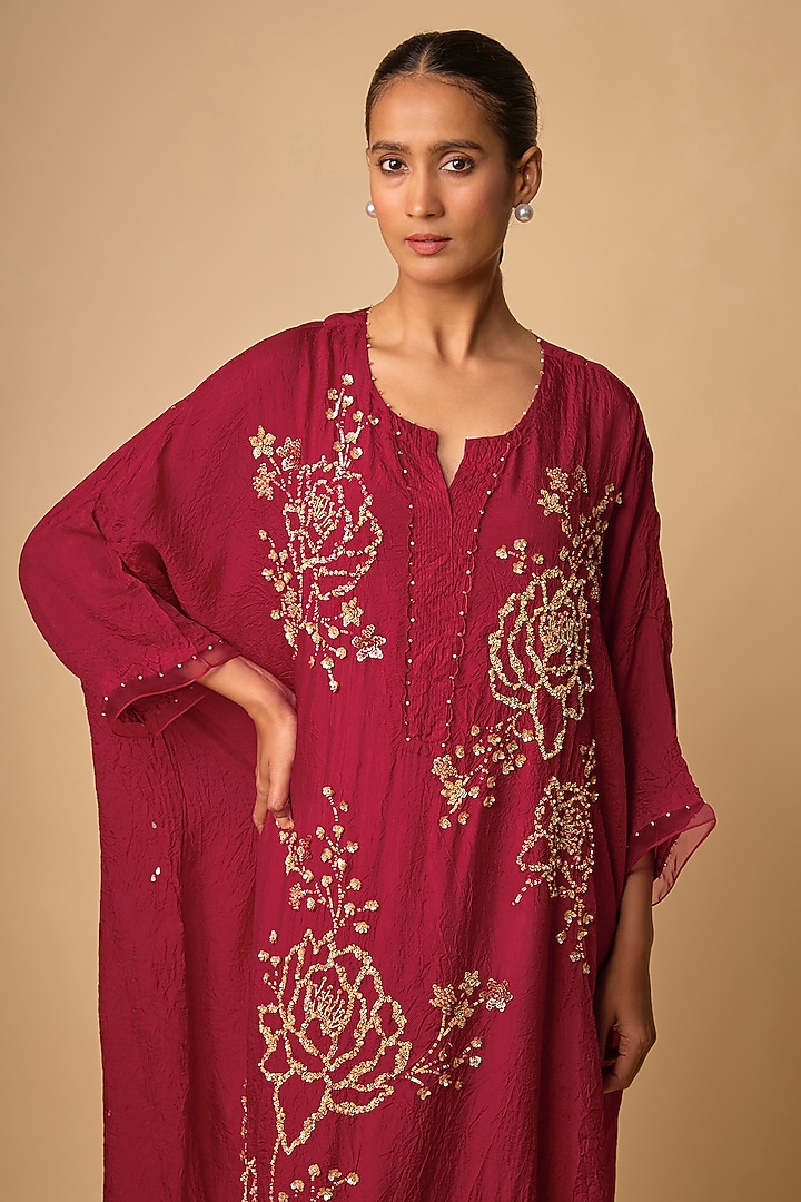 Ruby Red Silk Beads Embroidered Kaftan Set by One not two at Pernia's Pop Up Shop