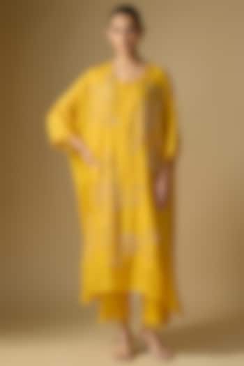 Amber Yellow Silk Sequins Floral Embroidered Kaftan Set by One not two at Pernia's Pop Up Shop