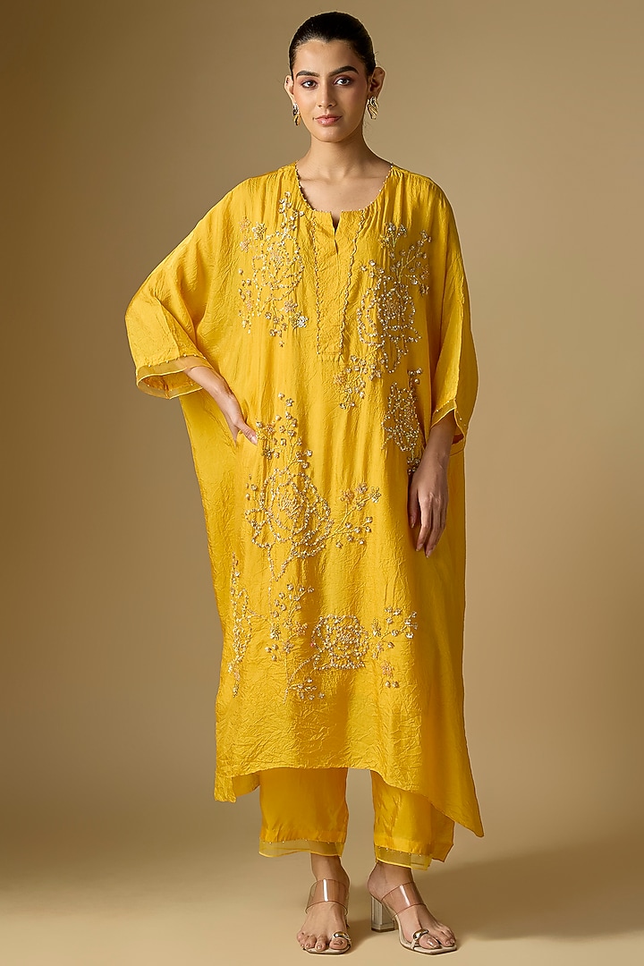 Amber Yellow Silk Sequins Floral Embroidered Kaftan Set by One not two at Pernia's Pop Up Shop