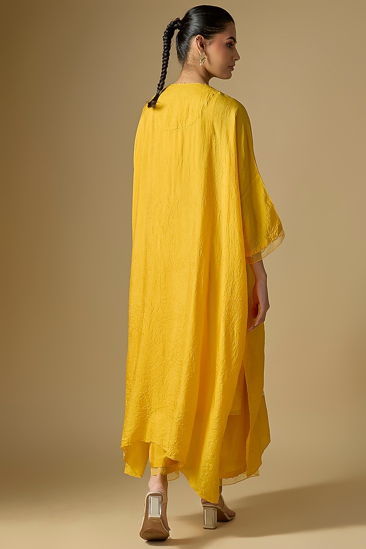 Amber Yellow Silk Sequins Floral Embroidered Kaftan Set by One not two at Pernia's Pop Up Shop