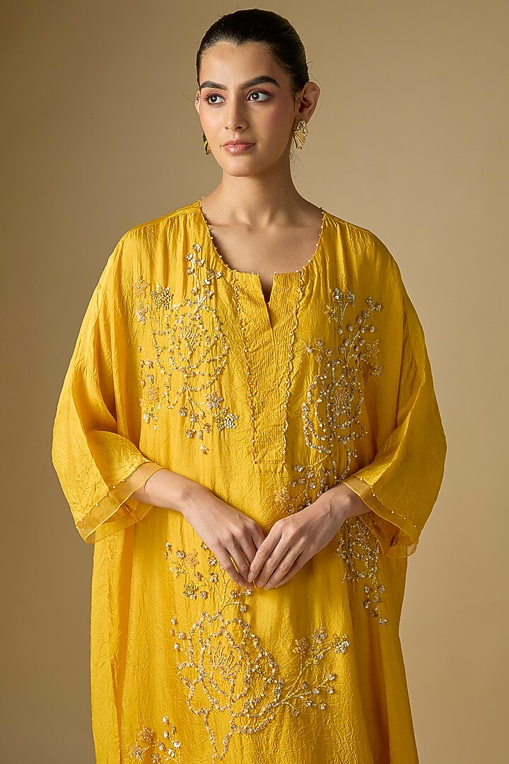 Amber Yellow Silk Sequins Floral Embroidered Kaftan Set by One not two at Pernia's Pop Up Shop