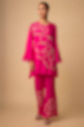 Hot Pink Silk Beads Embroidered Kurta Set by One not two at Pernia's Pop Up Shop