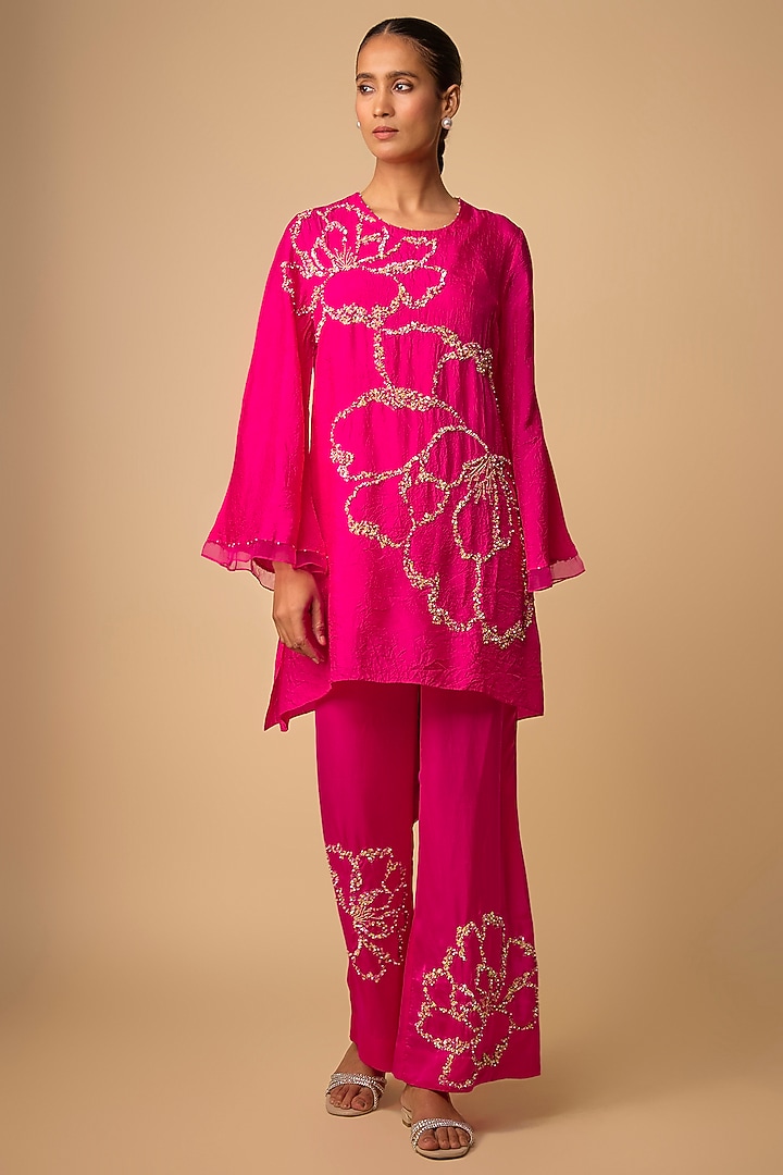 Hot Pink Silk Beads Embroidered Kurta Set by One not two at Pernia's Pop Up Shop