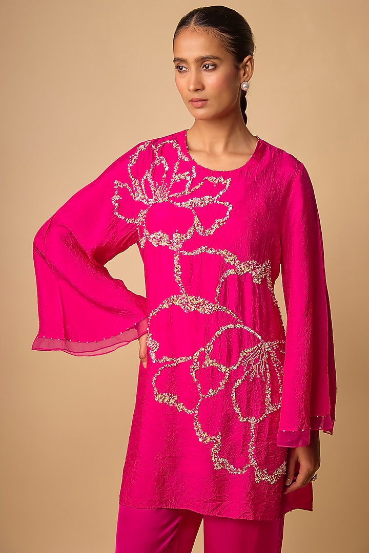 Hot Pink Silk Beads Embroidered Kurta Set by One not two at Pernia's Pop Up Shop