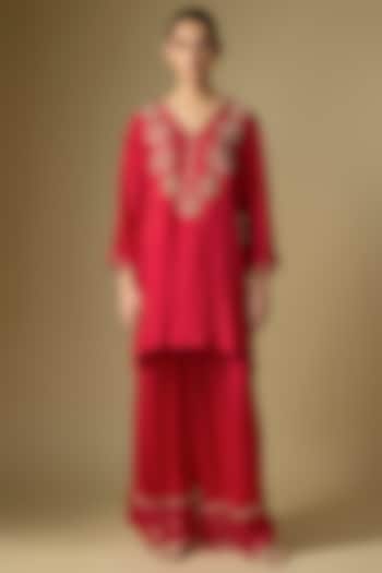 Ruby Red Silk Sequins Embroidered Kurta Set by One not two at Pernia's Pop Up Shop