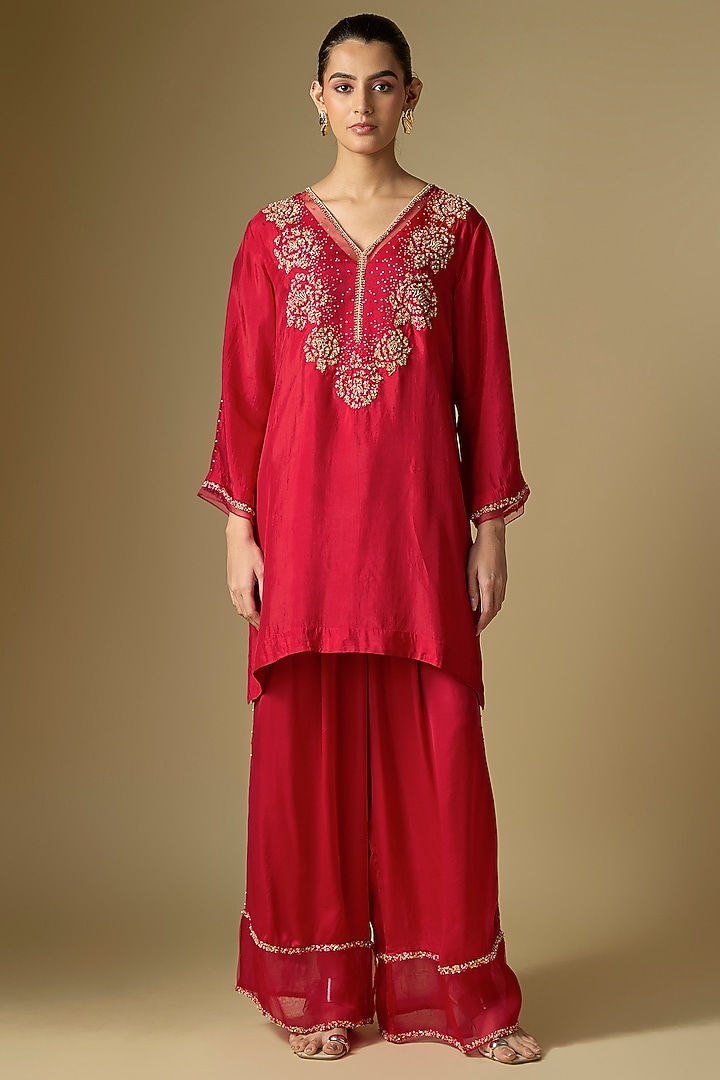 Ruby Red Silk Sequins Embroidered Kurta Set by One not two at Pernia's Pop Up Shop