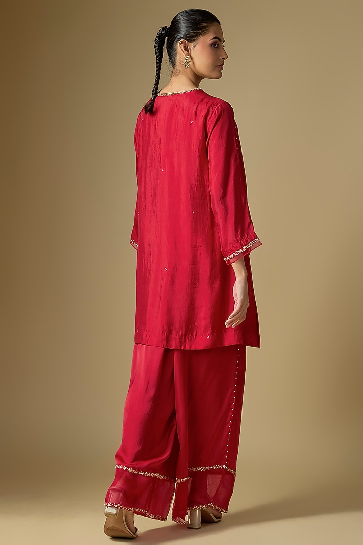 Ruby Red Silk Sequins Embroidered Kurta Set by One not two at Pernia's Pop Up Shop