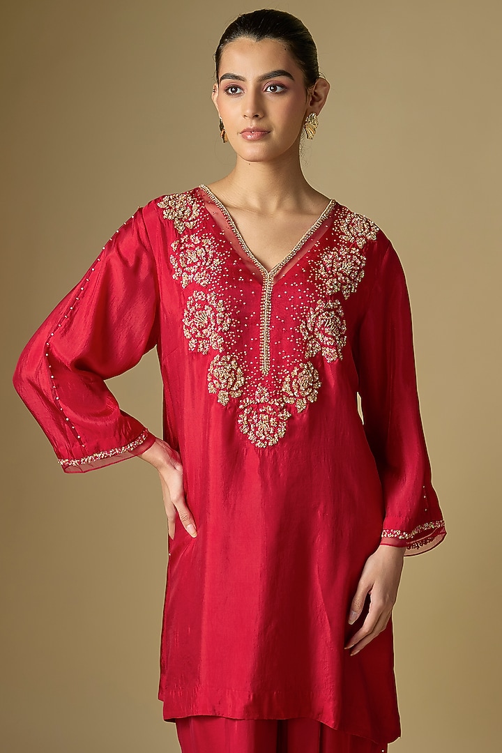 Ruby Red Silk Sequins Embroidered Kurta Set by One not two at Pernia's Pop Up Shop
