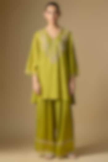 Henna Green Silk Sequins Embroidered Kurta Set by One not two at Pernia's Pop Up Shop