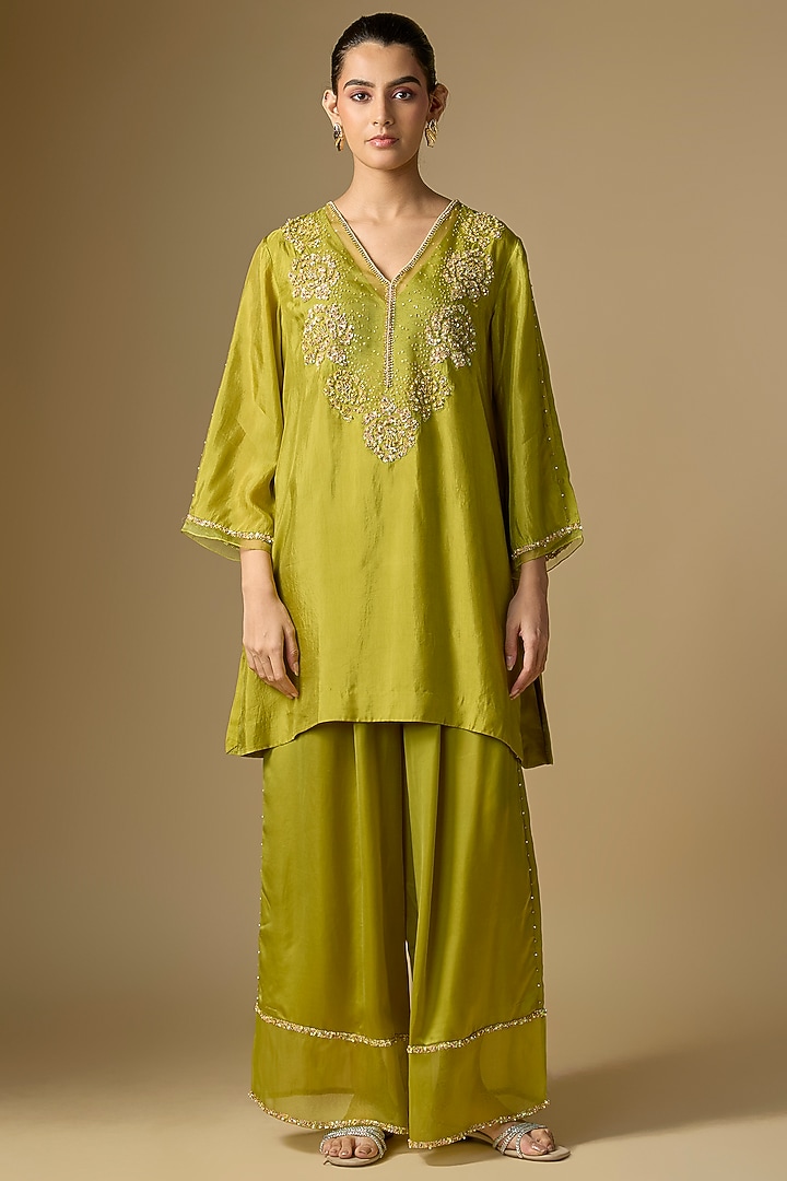 Henna Green Silk Sequins Embroidered Kurta Set by One not two at Pernia's Pop Up Shop