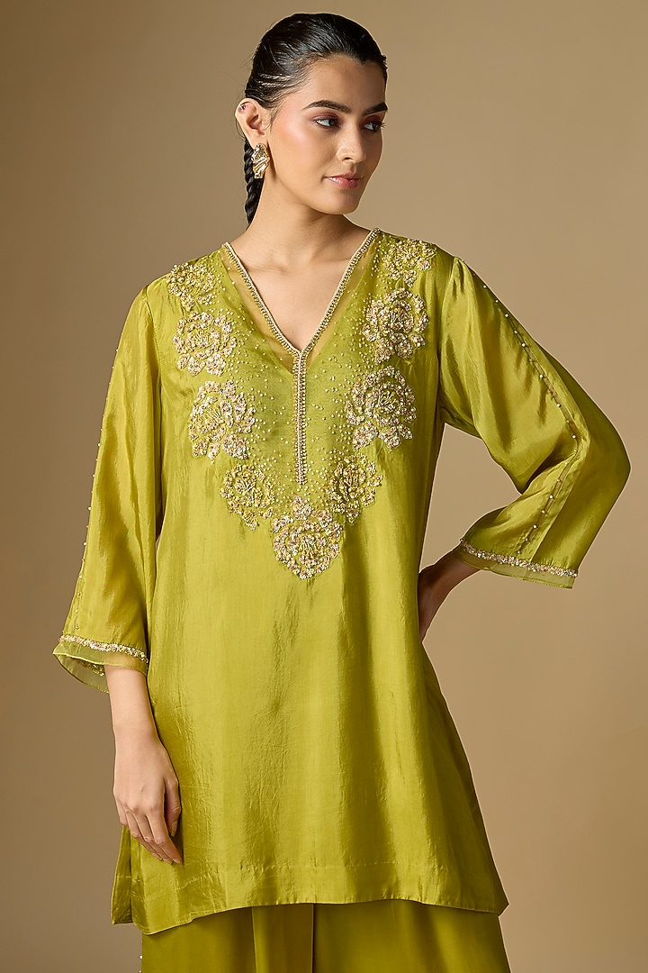 Henna Green Silk Sequins Embroidered Kurta Set by One not two at Pernia's Pop Up Shop