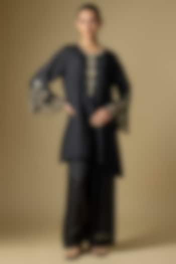 Black Silk Hand Embroidered Kurta Set by One not two at Pernia's Pop Up Shop