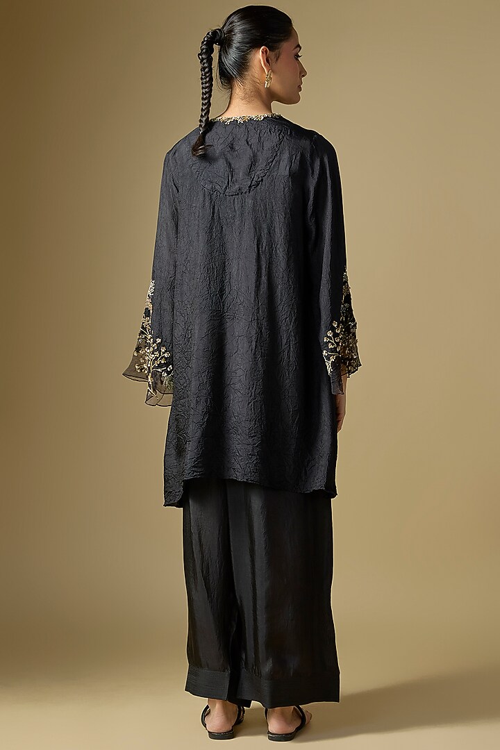 Black Silk Hand Embroidered Kurta Set by One not two at Pernia's Pop Up Shop