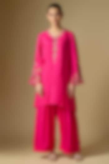 Hot Pink Silk Hand Embroidered Kurta Set by One not two at Pernia's Pop Up Shop