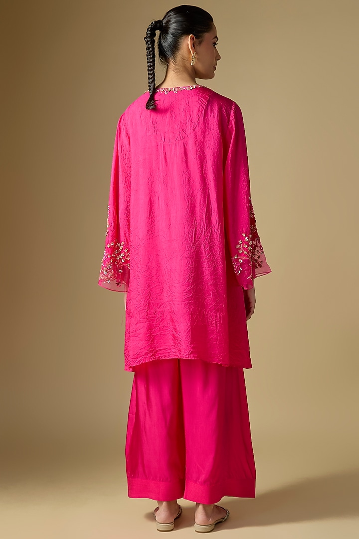 Hot Pink Silk Hand Embroidered Kurta Set by One not two at Pernia's Pop Up Shop