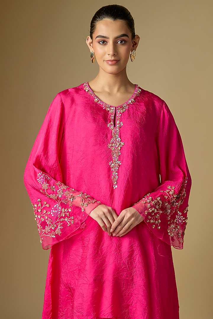 Hot Pink Silk Hand Embroidered Kurta Set by One not two at Pernia's Pop Up Shop